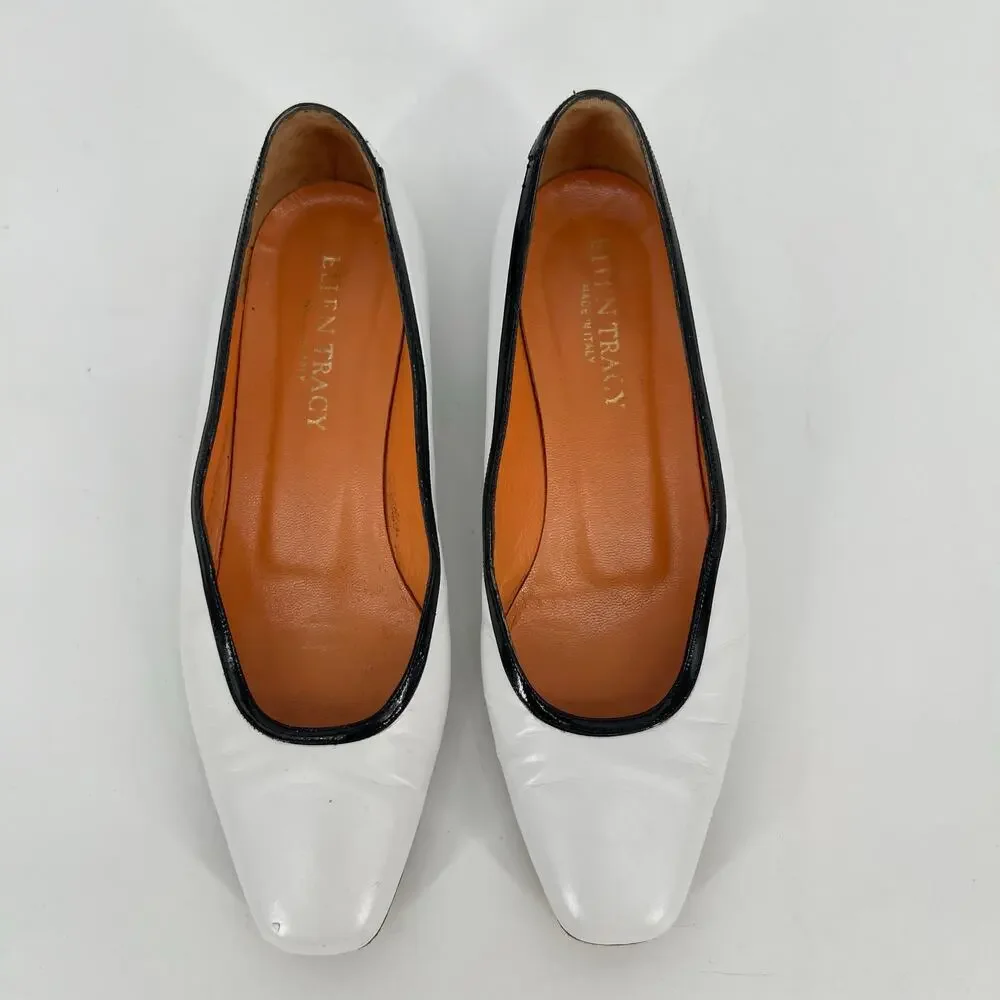 Vtg 80s Ellen Tracy Low Heel Pump Womens 6M White Black Leather Italy Square Toe